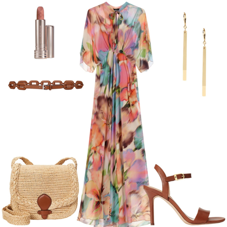 Outfit donna - Boho Chic Spring. Stile Boho per Cerimonia. Abbinamento con rossetti, sandali in pelle, orecchini, cinture, borse a tracolla, vestiti lunghi.