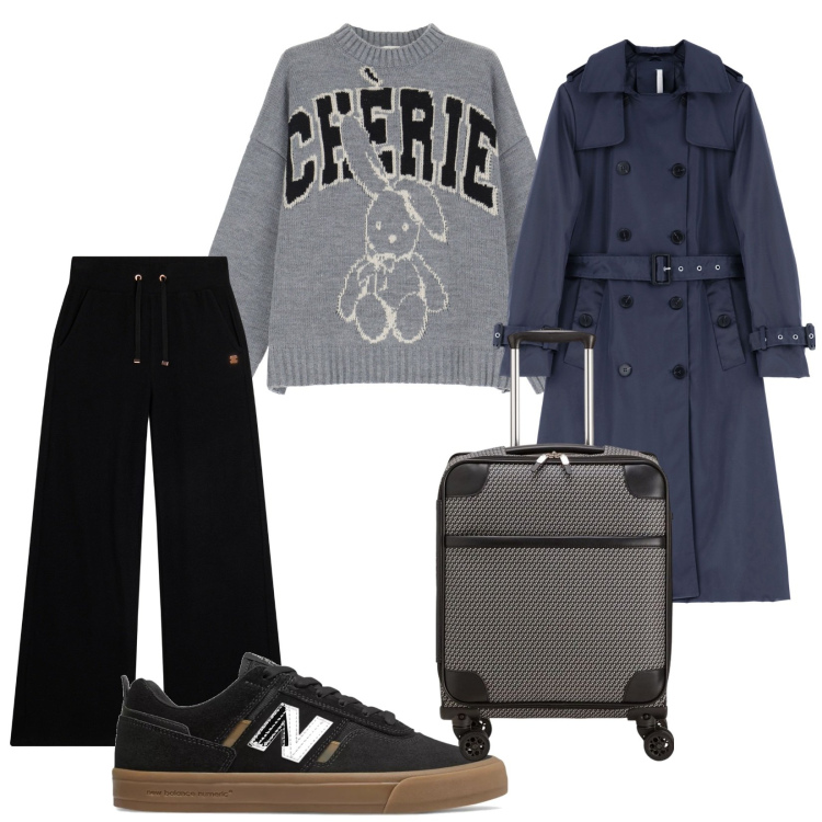 Outfit donna - Si parte di venerdì. per Mare. Abbinamento con sneakers, trench, pantaloni, maglieria, valigie.