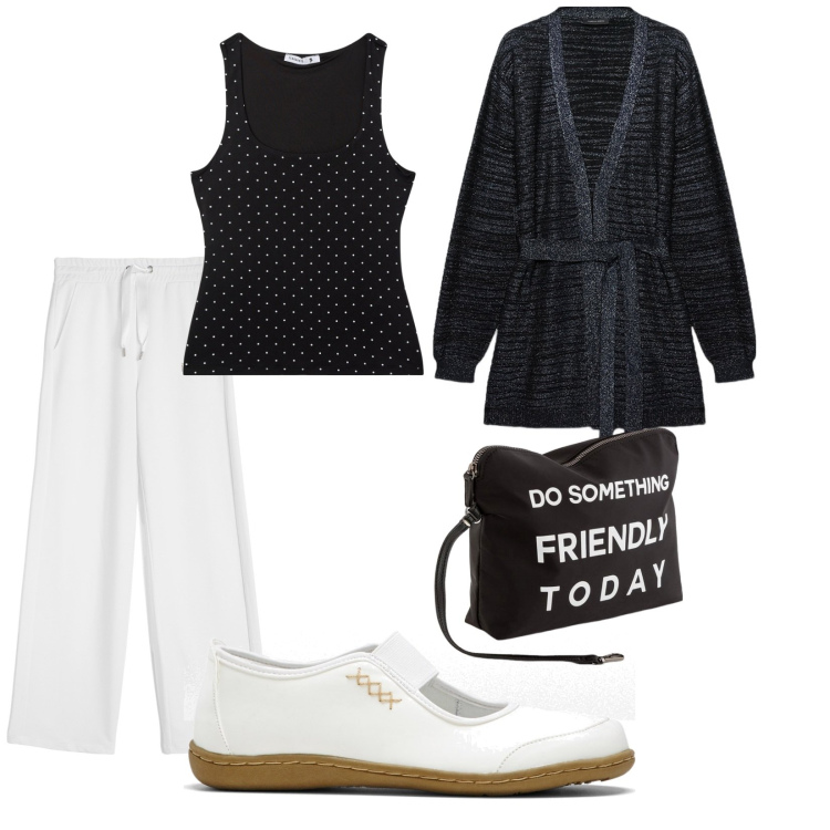 Outfit donna - Lavoro da casa. per Tutti i giorni. Abbinamento con ballerine, canottiere, pantaloni, cardigans, portafogli.