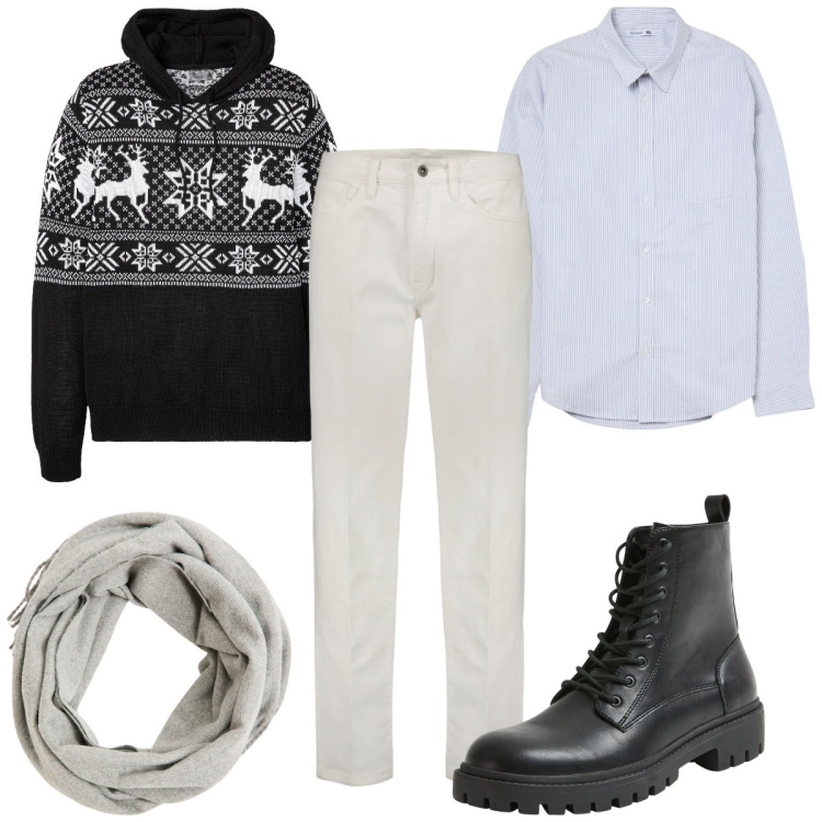 Outfit uomo - Total look #2083365. Stile Casual per Tutti i giorni. Abbinamento con maglieria, sciarpe, camicie, anfibi, pantaloni.