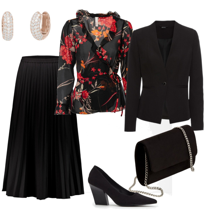 Outfit donna - Cerimonia serale. per Cerimonia. Abbinamento con blazer, décolleté, bluse, orecchini, gonne lunghe, pochette.