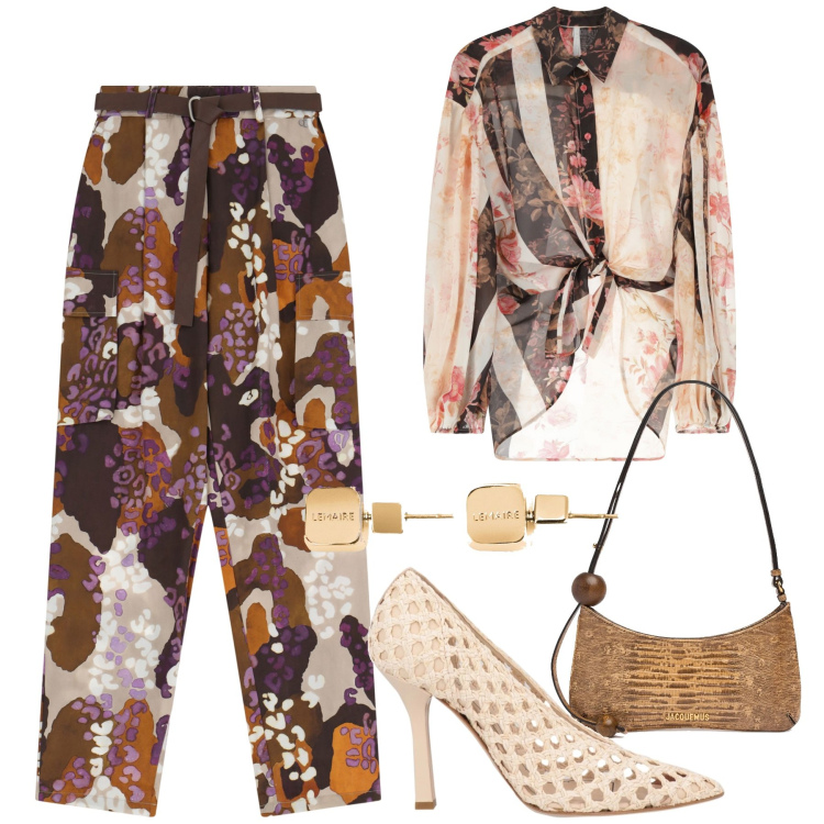 Outfit donna - Coordinato elegante. Stile Chic per Serata fuori. Abbinamento con décolleté, camicie, pantaloni, borse a spalla, orecchini.