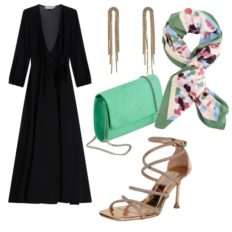 Outfit donna - Cerimonia serale. per Cerimonia. Abbinamento con orecchini, sandali col tacco, vestiti lunghi, foulard, pochette.