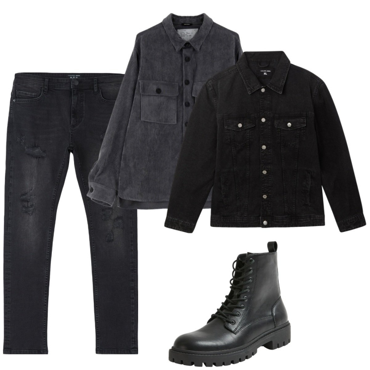 Outfit uomo - Total look #2083376. Stile Urban per Tutti i giorni. Abbinamento con jeans strappati, giacche, anfibi, camicie.