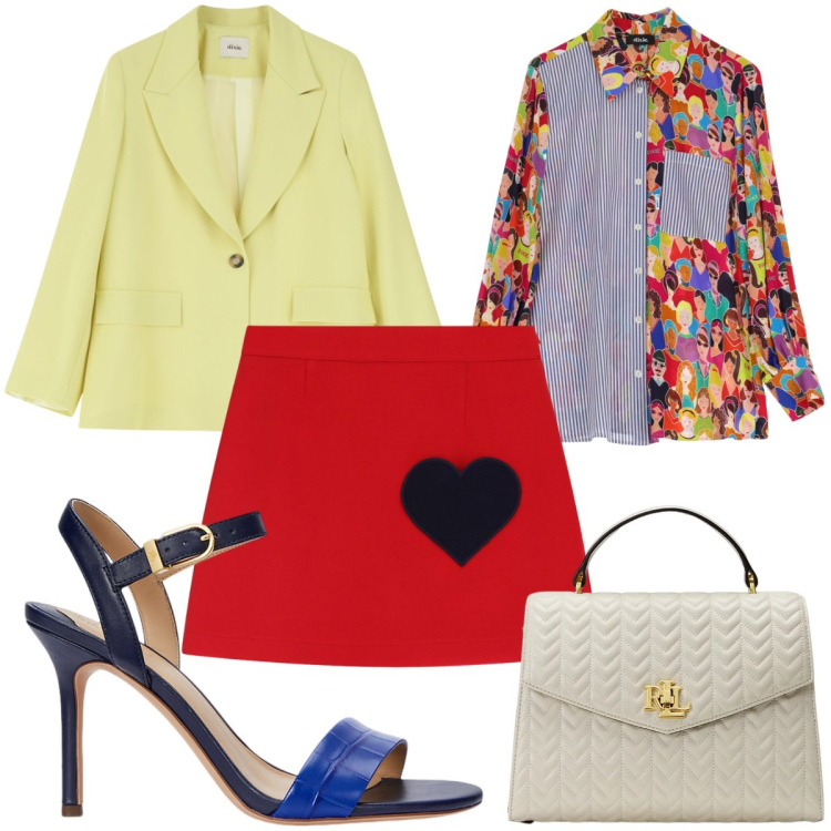 Outfit donna - Dixie : coloratissima a Siviglia. Stile Trendy per Tutti i giorni. Abbinamento con blazer, minigonne, camicie, sandali in pelle, borse a mano.