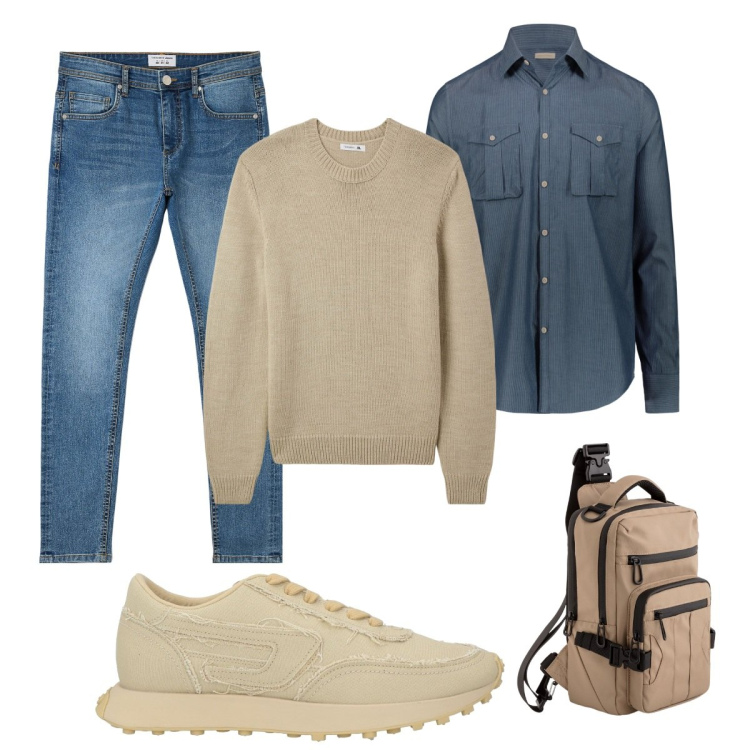 Outfit uomo - I colori della mezza stagione. Stile Casual per Tutti i giorni. Abbinamento con sneakers, maglieria, jeans skinny, camicie, borse sportive.