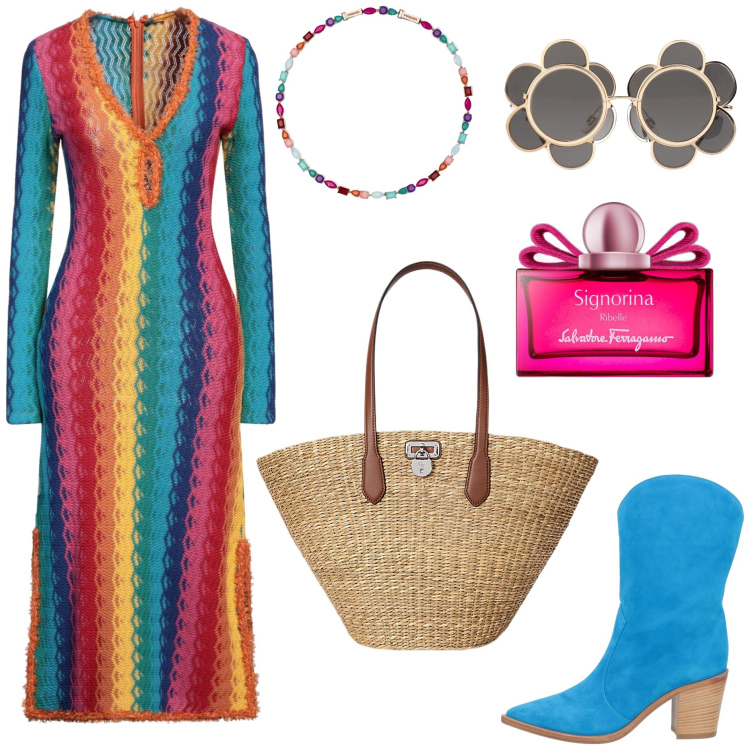 Outfit donna - Primavera boho -@ambrosiajsi. Stile Boho per Tutti i giorni. Abbinamento con vestiti midi/longuette, stivaletti texani, occhiali da sole, profumi, collane, borse tote.