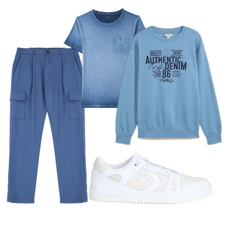 Outfit uomo - Total look #2083384. Stile Casual per Sport. Abbinamento con felpe, sneakers, t-shirt, pantaloni cargo.