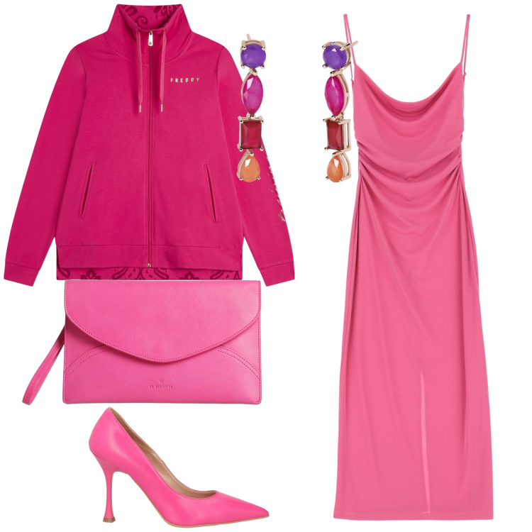 Outfit donna - Serata in felpa. Stile Trendy per Serata fuori. Abbinamento con borse a mano, décolleté, orecchini, vestiti, felpe.