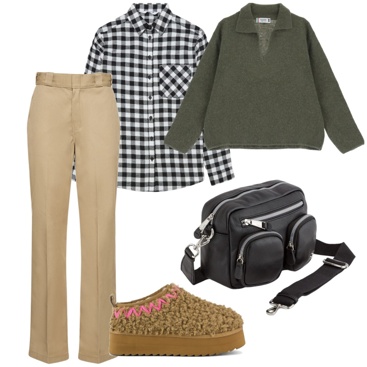 Outfit donna - In giro sul mercato. Stile Trendy per Tutti i giorni. Abbinamento con camicie, pullovers, stivaletti, pantaloni, borse a tracolla.