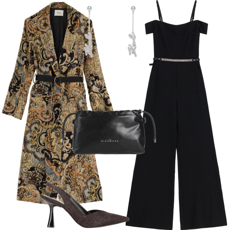 Outfit donna - Una tuta per l evento. Stile Glamour per Serata fuori. Abbinamento con décolleté, orecchini, borse a mano, tute, trench.