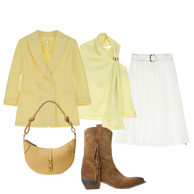 Outfit donna - Delicato giallo paglierino. Stile Minimal per Ufficio. Abbinamento con top, gonne longuette, blazer, stivali, borse a spalla.