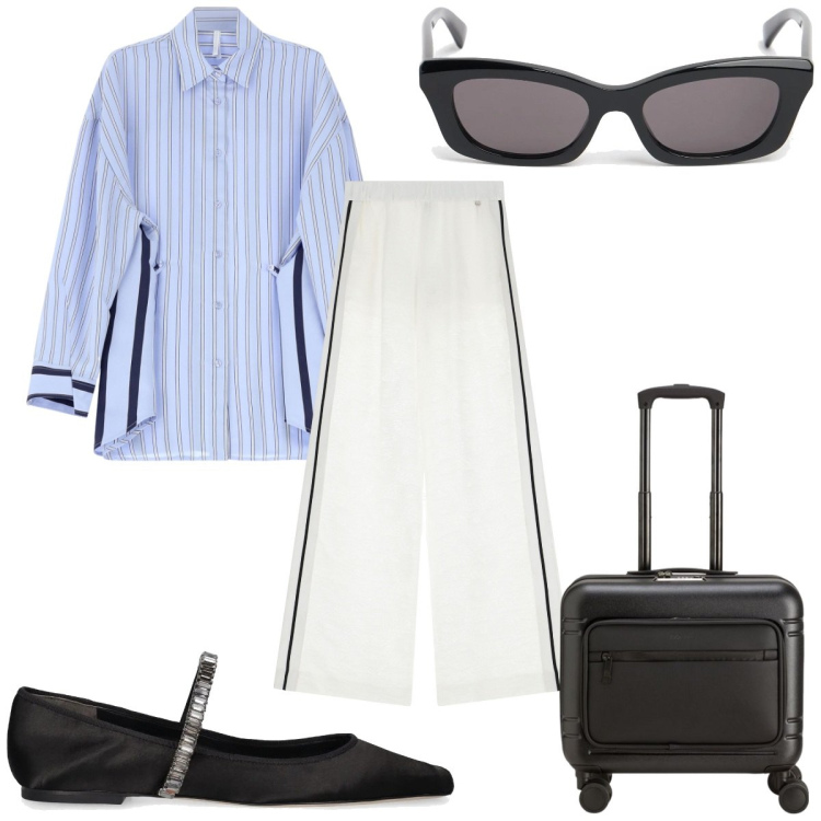 Outfit donna - Total look #2083446. Stile Trendy per Tutti i giorni. Abbinamento con pantaloni a palazzo, camicie, ballerine, occhiali da sole, valigie.