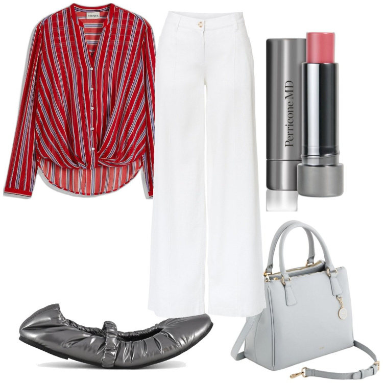 Outfit donna - Total look #2083448. Stile Trendy per Tutti i giorni. Abbinamento con pantaloni a palazzo, camicie, blush, ballerine, borse a mano.