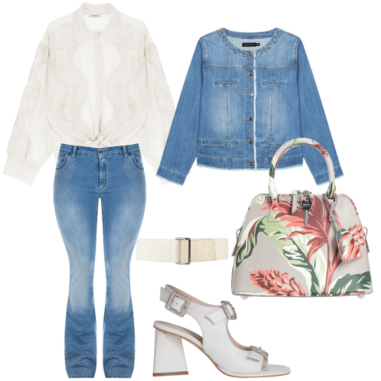 Outfit donna - Una blusa con pizzi. Stile Casual chic per Tutti i giorni. Abbinamento con sandali in pelle, borse a mano, cinture, camicie, jeans a zampa, blazer.