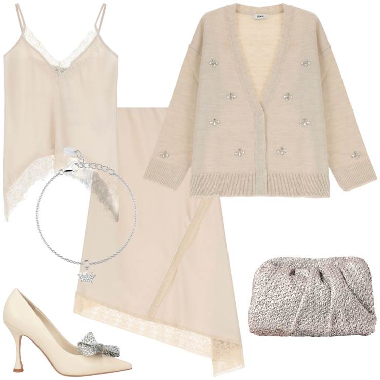 Outfit donna - Primavera Boho. Stile Boho Abbinamento con décolleté, braccialetti con ciondoli, clutch, cardigans, gonne longuette, top.