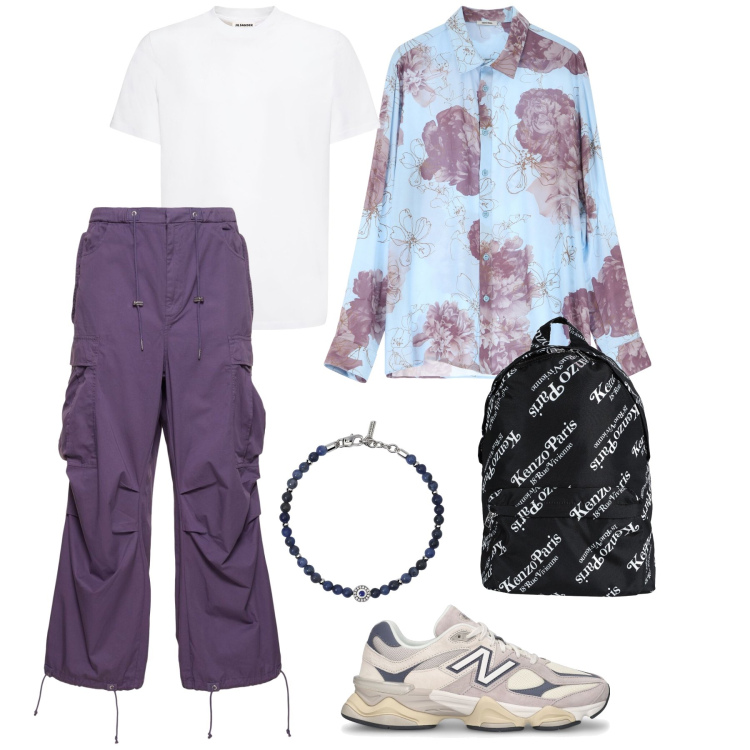 Outfit uomo - Scampata con gli amici. Stile Trendy per Tutti i giorni. Abbinamento con borse sportive, braccialetti, camicie, t-shirt, pantaloni cargo, sneakers.