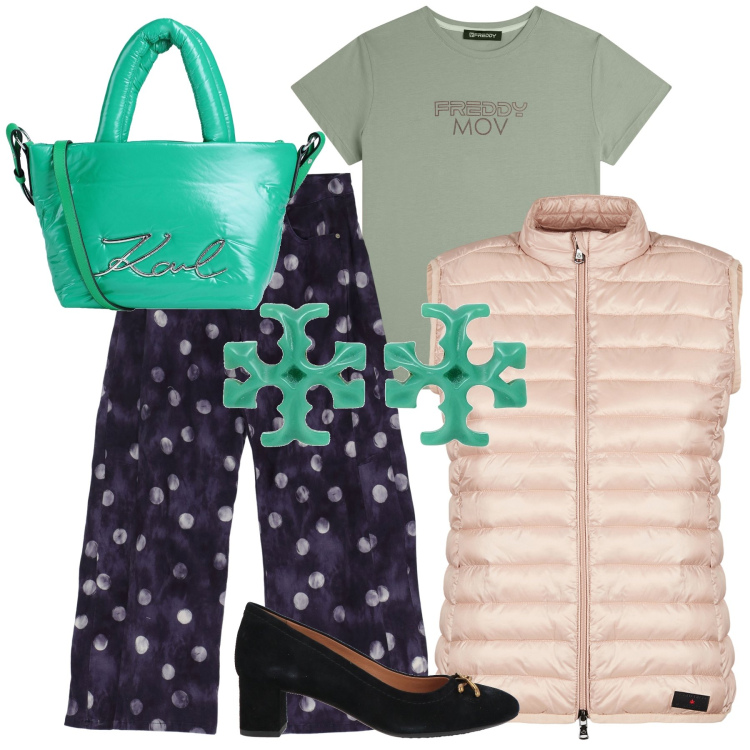 Outfit donna - Gilet imbottito. Stile Trendy per Tutti i giorni. Abbinamento con orecchini, borse a mano, décolleté, pantaloni, t-shirt, piumini.
