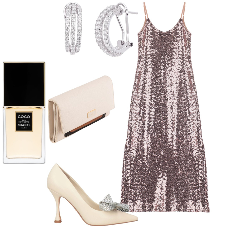 Outfit donna - Serata in Coco. Stile Glamour per Serata fuori. Abbinamento con décolleté, profumi, orecchini, vestiti, portafogli.