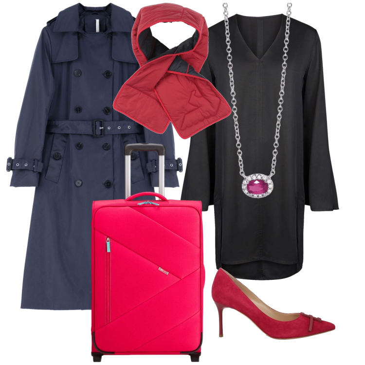 Outfit donna - Il trench per il viaggio. Stile Glamour per Tutti i giorni. Abbinamento con décolleté, sciarpe, collane, trench, vestiti a tubino, valigie.