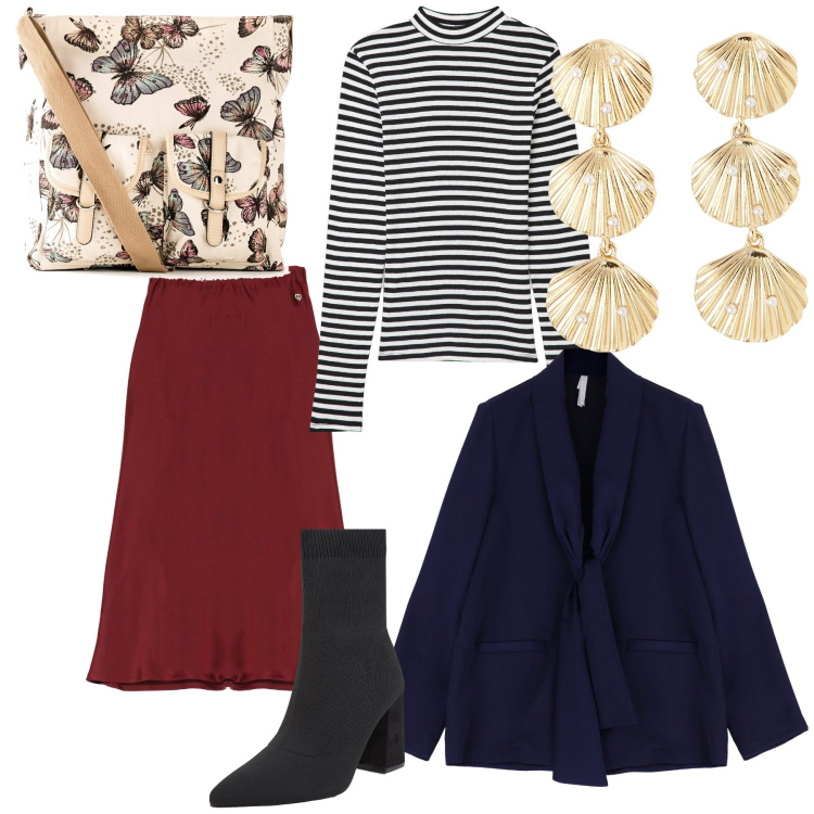 Outfit donna - Farfalle e conchiglie. Stile Urban per Ufficio. Abbinamento con borse a tracolla, orecchini, t-shirt, stivaletti, blazer, gonne.