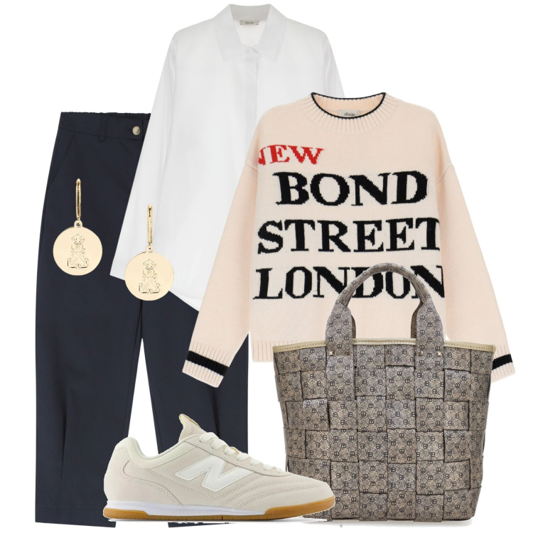 Outfit donna - Total look #2083483. Abbinamento con sneakers, pantaloni chino, maglieria, camicie, orecchini, borse a mano.