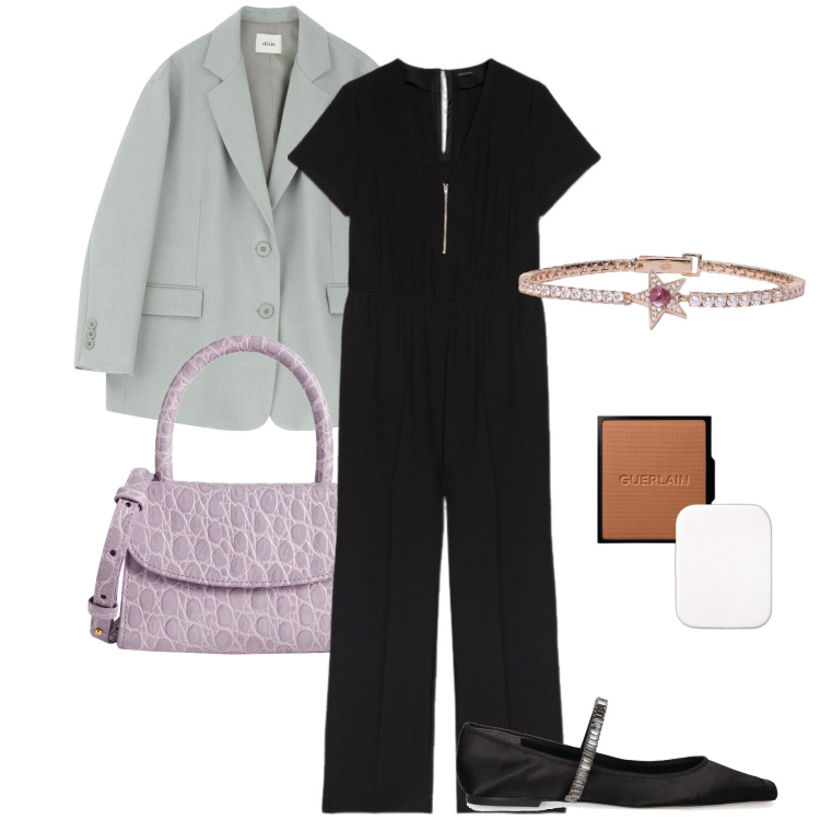 Outfit donna - Il blazer verde salvia. Stile Bon Ton per Ufficio. Abbinamento con borse a mano, fondotinta, braccialetti, blazer, tute, ballerine.