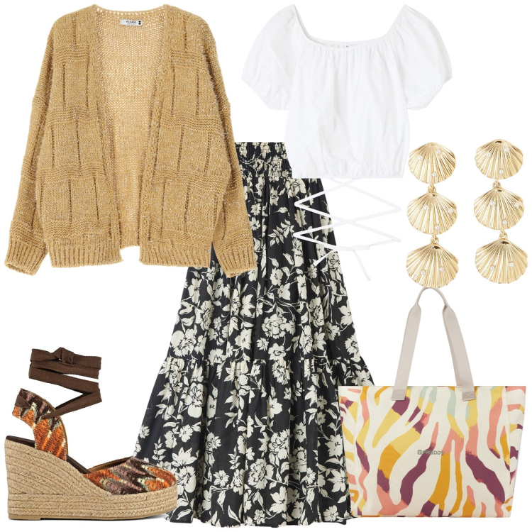 Outfit donna - Total look #2083494. Stile Boho per Tutti i giorni. Abbinamento con gonne lunghe, orecchini, bluse, cardigans, shopping bag, sandali col tacco.