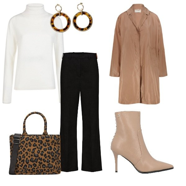 Outfit donna - In ufficio con grinta. Stile Casual chic per Ufficio. Abbinamento con stivaletti, shopping bag, orecchini, trench, maglieria, pantaloni.