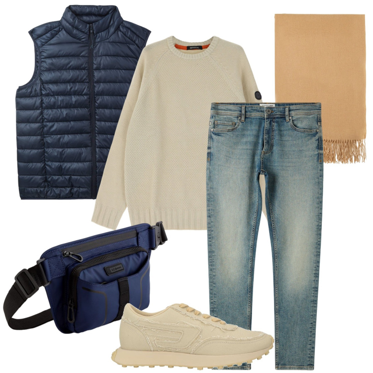 Outfit uomo - Il marsupio per tutti i giorni. Stile Casual per Tutti i giorni. Abbinamento con sneakers, piumini, jeans skinny, sciarpe, maglieria, borse sportive.