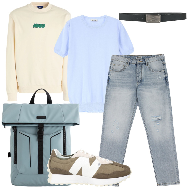 Outfit uomo - In giro per la città. Stile Urban per Tutti i giorni. Abbinamento con sneakers, cinture, felpe, jeans strappati, maglieria, borse sportive.