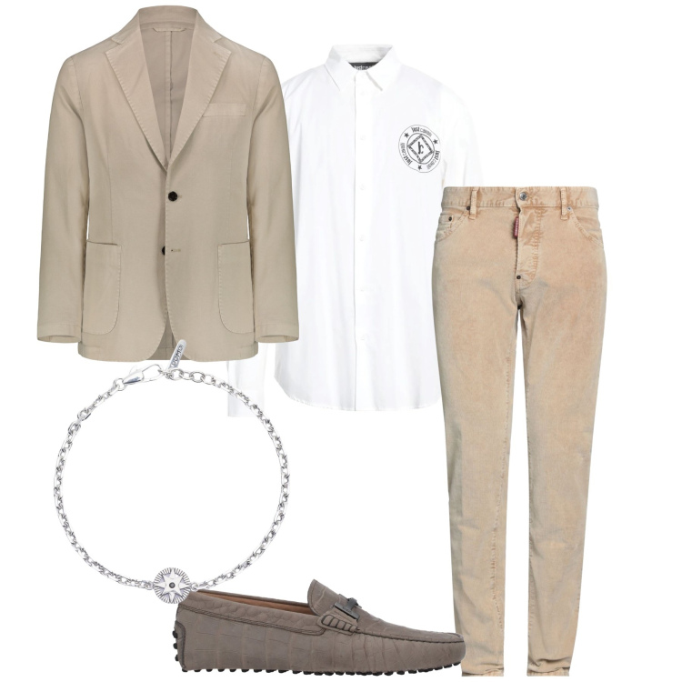 Outfit uomo - Toni chiari. Stile Trendy per Ufficio. Abbinamento con scarpe stringate, pantaloni, camicie, braccialetti, giacche.