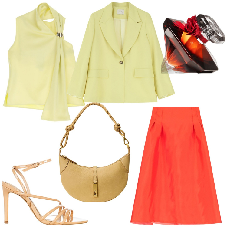 Outfit donna - Toni pastello in primavera. Stile Chic per Cerimonia. Abbinamento con profumi, sandali col tacco, top, blazer, gonne longuette, borse a spalla.