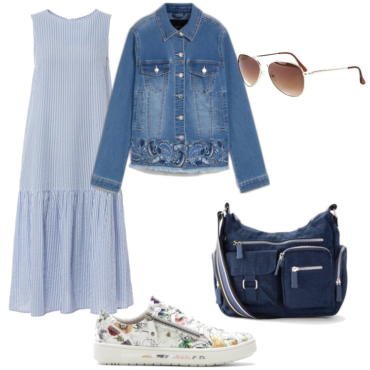 Outfit donna - Bonprix primavera. Stile Urban per Tutti i giorni. Abbinamento con vestiti midi/longuette, borse a tracolla, occhiali da sole, blazer, sneakers.