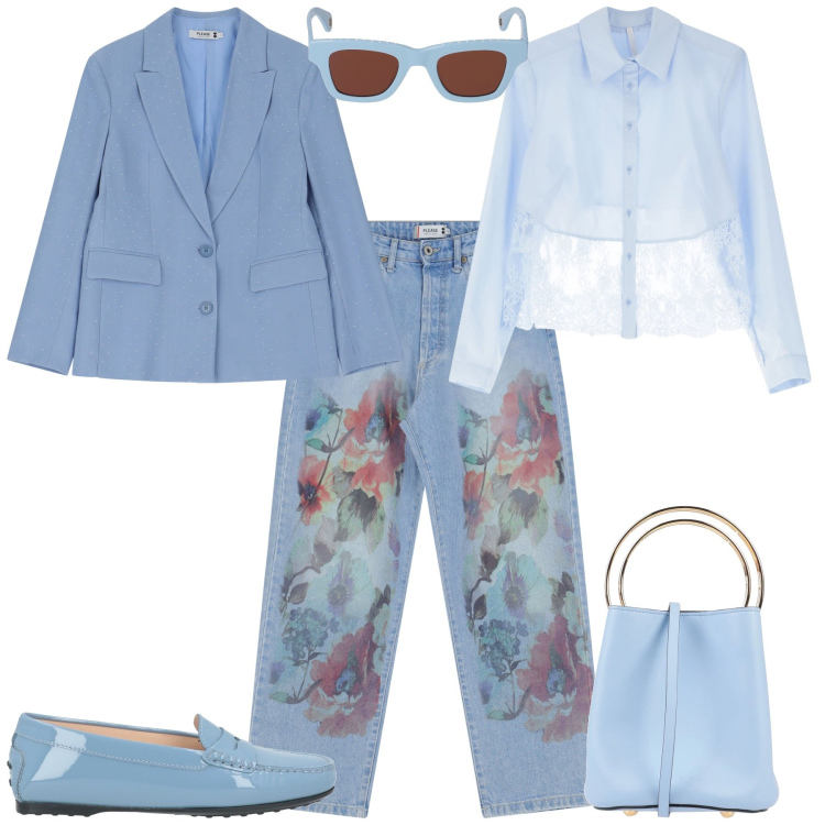 Outfit donna - Total look #2083511. Stile Romantica per Tutti i giorni. Abbinamento con mocassini, borse a mano, camicie, jeans dritti, blazer, occhiali da sole.