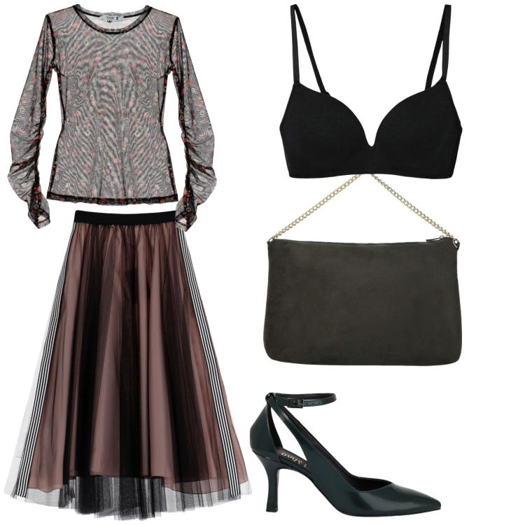 Outfit donna - Sheer elegance. Stile Romantica per Serata fuori. Abbinamento con reggiseni, t-shirt, gonne longuette, décolleté, pochette.