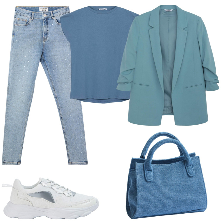 Outfit donna - Terranova primavera. Stile Casual chic per Tutti i giorni. Abbinamento con jeans skinny, blazer, borse a tracolla, t-shirt, sneakers.