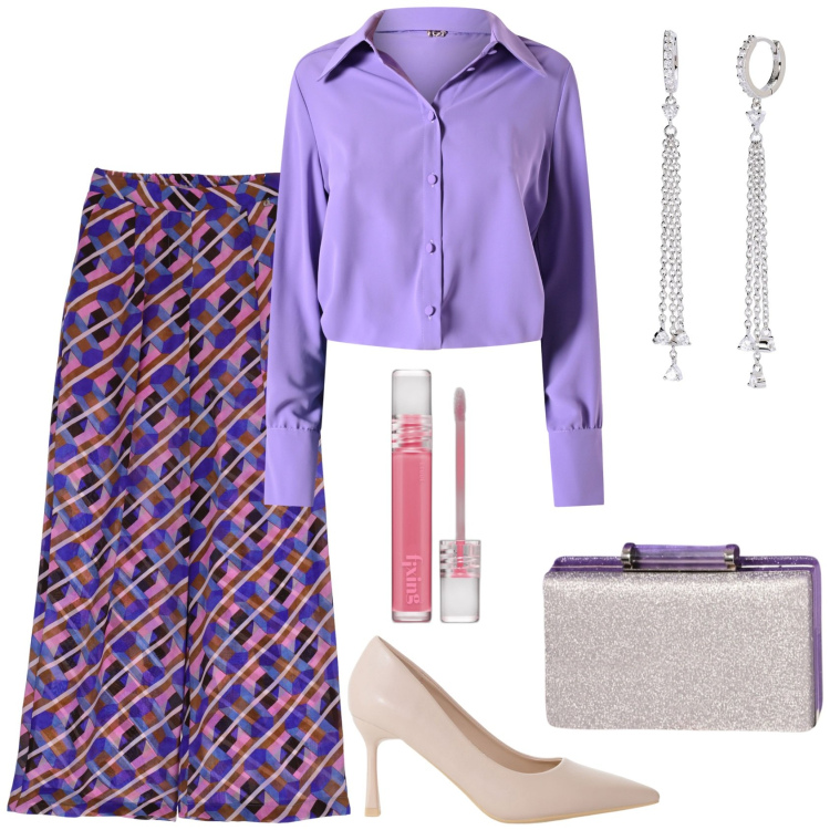Outfit donna - Cerimonia primaverile!. Stile Chic per Cerimonia. Abbinamento con rossetti, orecchini, pochette, camicie, décolleté, pantaloni a palazzo.