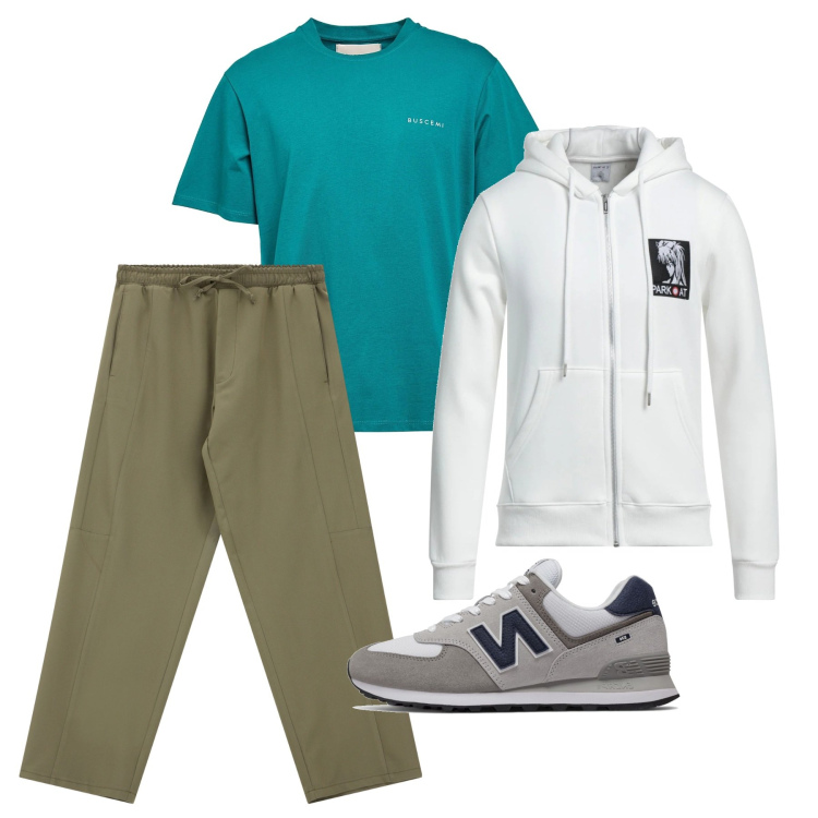 Outfit uomo - City sport. Stile Urban per Sport. Abbinamento con felpe con cappuccio, t-shirt, sneakers, pantaloni cargo.