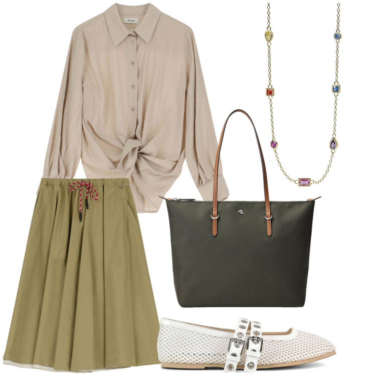 Outfit donna - Passeggiata a Siviglia. Stile Casual chic per Tutti i giorni. Abbinamento con collane, gonne longuette, camicie, borse tote, ballerine.
