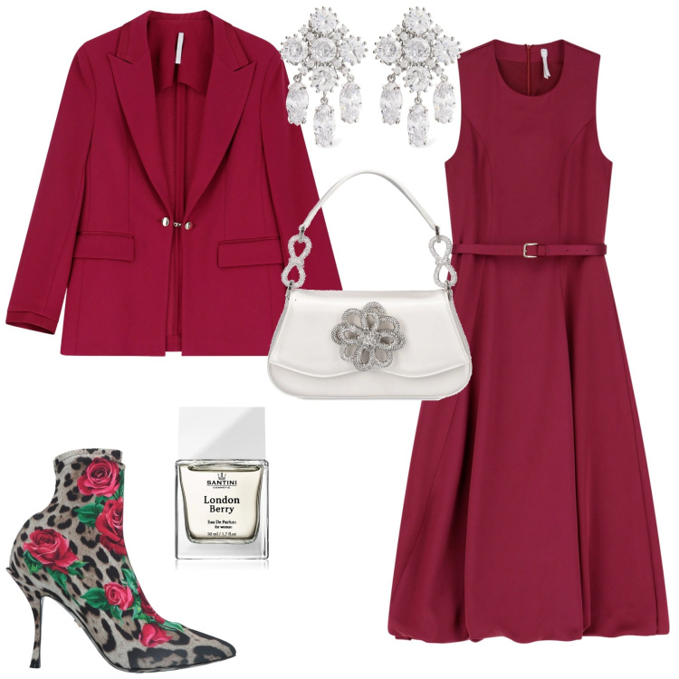 Outfit donna - Evento speciale. Stile Glamour per Serata fuori. Abbinamento con stivaletti, profumi, blazer, vestiti midi/longuette, borse a mano, orecchini.