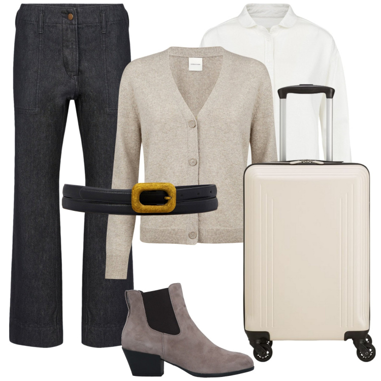 Outfit donna - Total look #2083534. Stile Mannish per Ufficio. Abbinamento con stivaletti chelsea, pantaloni, cardigans, cinture, valigie, camicie.