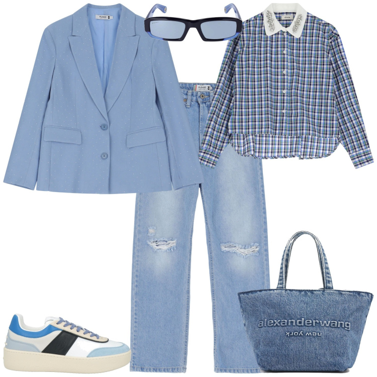Outfit donna - Total look #2083541. Stile Sporty chic per Tutti i giorni. Abbinamento con sneakers, blazer, jeans strappati, camicie, occhiali da sole, borse a tracolla.