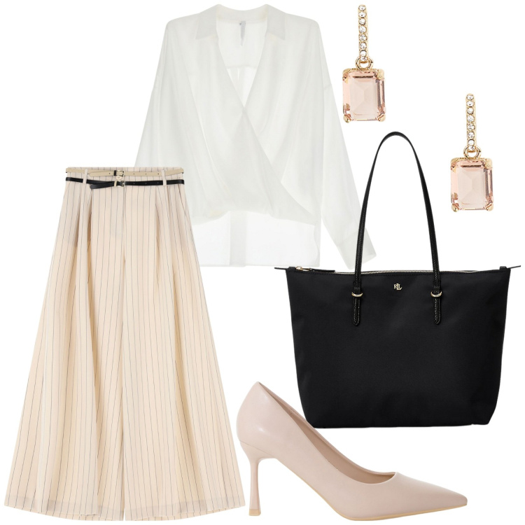 Outfit donna - Total look #2083549. Stile Chic per Ufficio. Abbinamento con pantaloni a palazzo, décolleté, bluse, borse tote, orecchini.