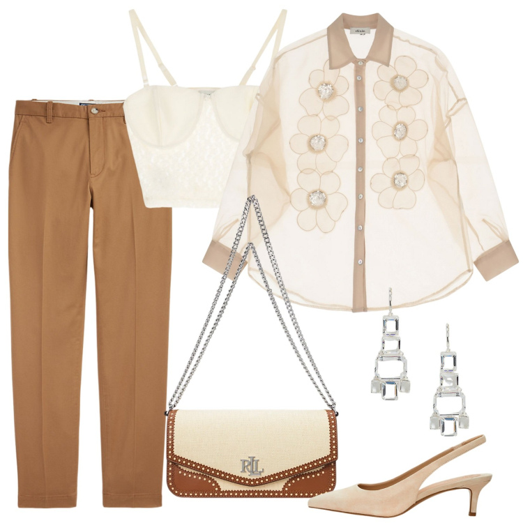 Outfit donna - Discrete trasparenze. Stile Chic per Serata fuori. Abbinamento con top, camicie, pantaloni chino, décolleté, borse a spalla, orecchini.