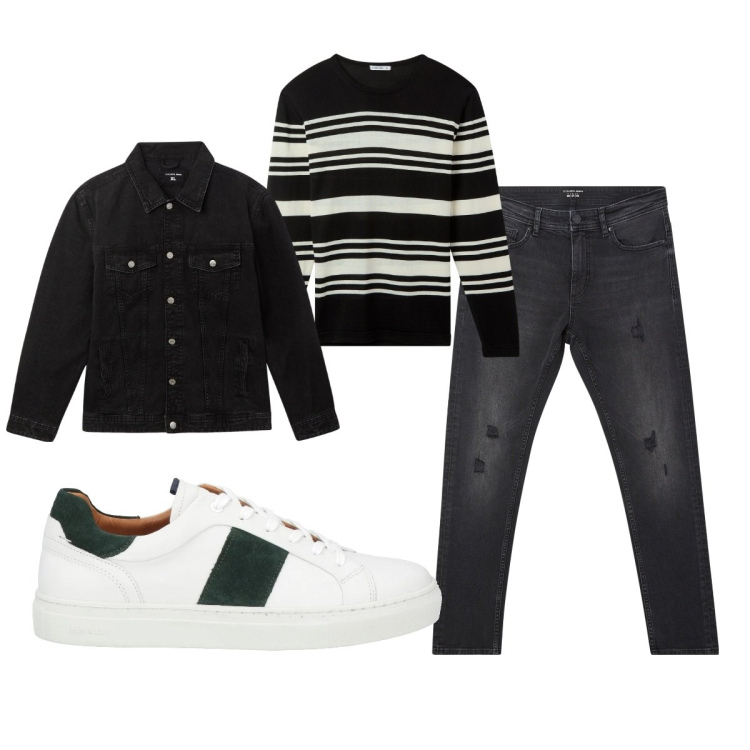 Outfit uomo - Total look #2083553. Stile Casual per Tutti i giorni. Abbinamento con sneakers, giacche, maglieria, jeans strappati.