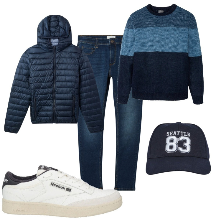 Outfit uomo - Total look #2083557. Stile Casual per Tutti i giorni. Abbinamento con maglieria, sneakers, piumini, cappelli, jeans skinny.