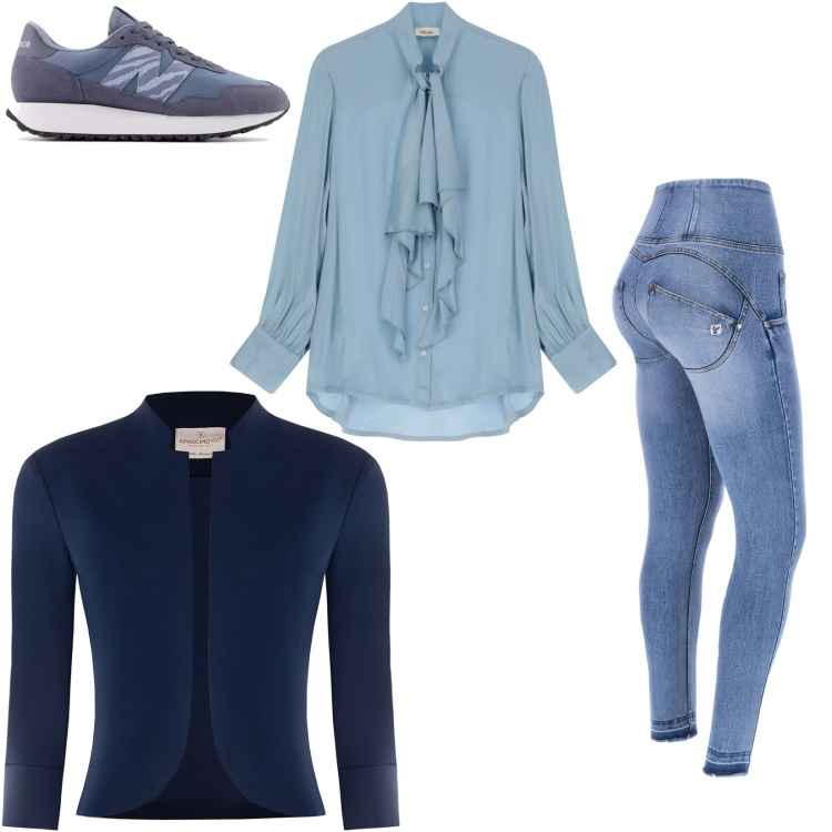 Outfit donna - Sporty blue. Stile Casual per Tutti i giorni. Abbinamento con bluse, sneakers, bolero, jeans skinny.