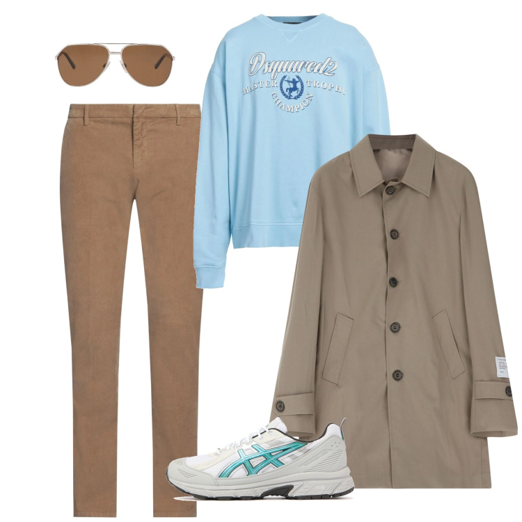 Outfit uomo - Spring rain. Stile Casual per Tutti i giorni. Abbinamento con occhiali da sole, pantaloni, felpe, trench, sneakers.