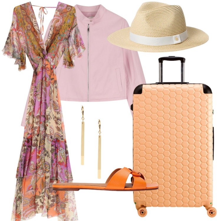 Outfit donna - Dixie - Sognando Siviglia SS25. Stile Boho per Tutti i giorni. Abbinamento con giacche, vestiti lunghi, orecchini, sandali in pelle, cappelli, valigie.